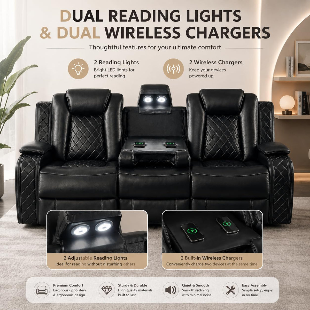 Three people Power Recliner Sofa Breathing Leather with USB Ports,LED Black