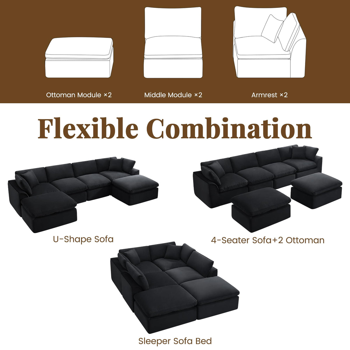 U Shaped Sectional Sofa, 141 in Cloud Couch, Black