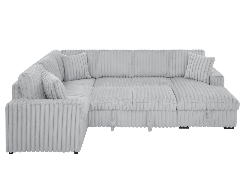 122 Inch Pull Out Couch, Rabbit Plush Fabric Sofa Bed with USB Ports, Oversized U Shape Sectional Sleeper Sofa Bed with Storage Chaise, Grey