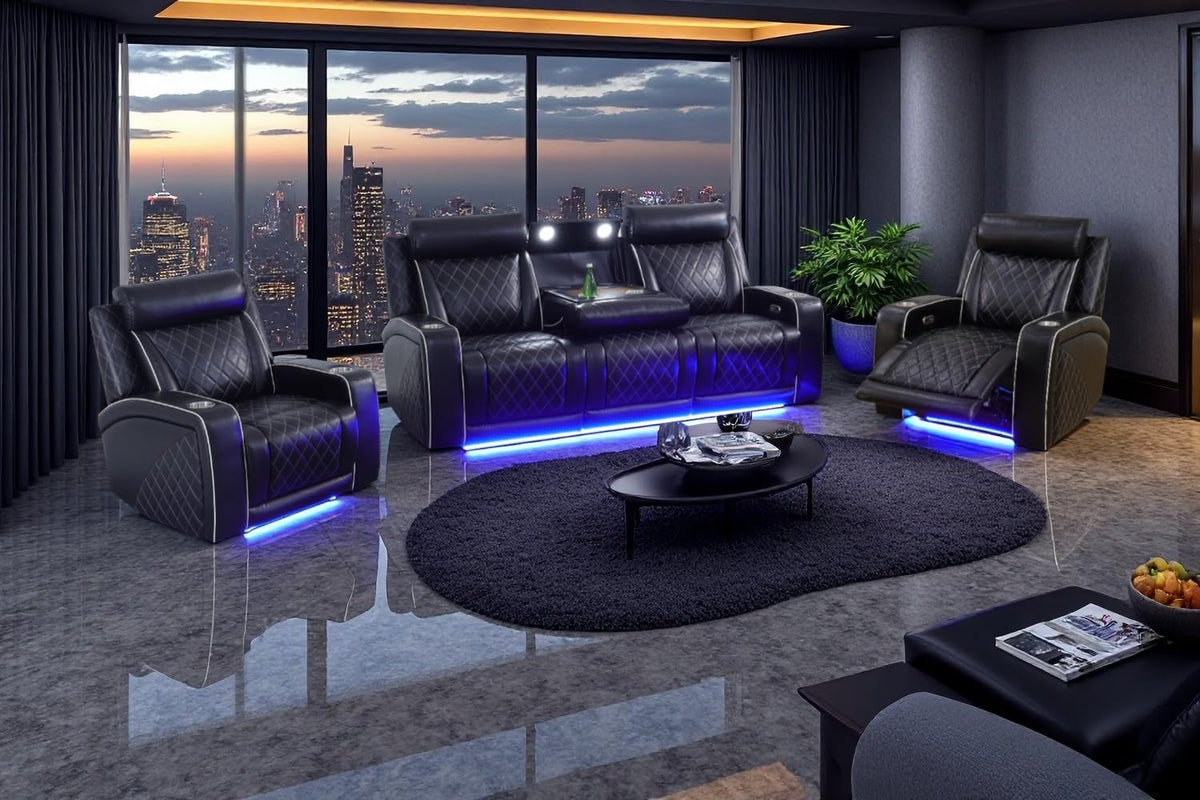A Ainehome Power Leather Recliner Sofa Set with LED Lights, Recliner Sofa Sectional Couches for Living Room, Reclining Sofa, loveseat, Chair with USB Port/Storage Console/Cup Holder(black,3-piece set)