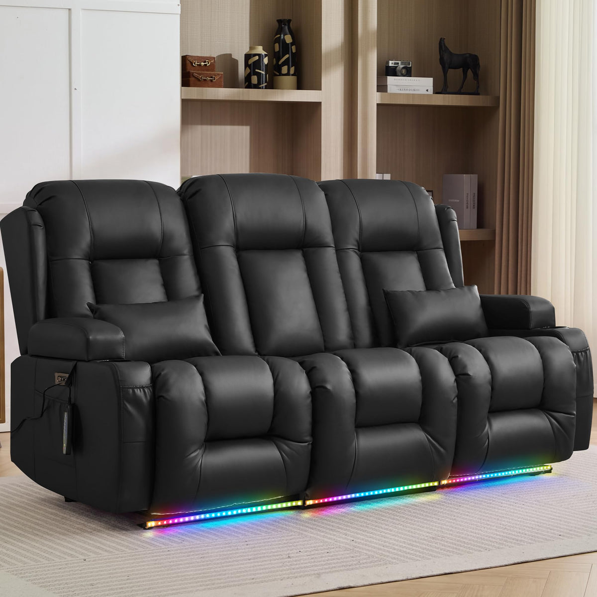 TUNYI Wall Hugger Loveseat Recliner Sofa with Console, Power Reclining Loveseat RV Couch with Massage & Heat/USB/Outlet/Storage/LED Light/Speaker (Blue, 2 Seat with Console)