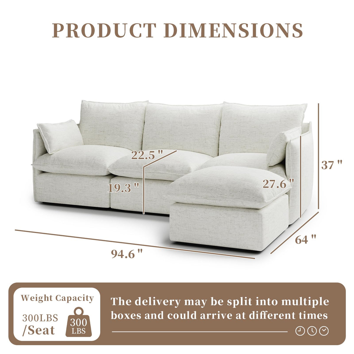 Waterproof Cloud Sectional Couches,High Backrest Down Filled Sofa for Living Room,94.5" Modular Sofas L-Shaped with Ottoman,Detachable Couch Covers,Cream White