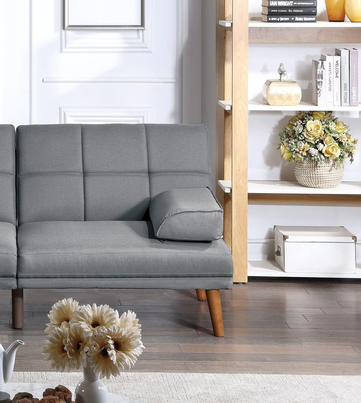 Tidyard Blue Grey Polyfiber Adjustable Tufted Sofa with Solid Wood Legs, Convertible Couch for Living Room, Includes Extra Cushion, Modern Comfortable Design, Easy Assembly