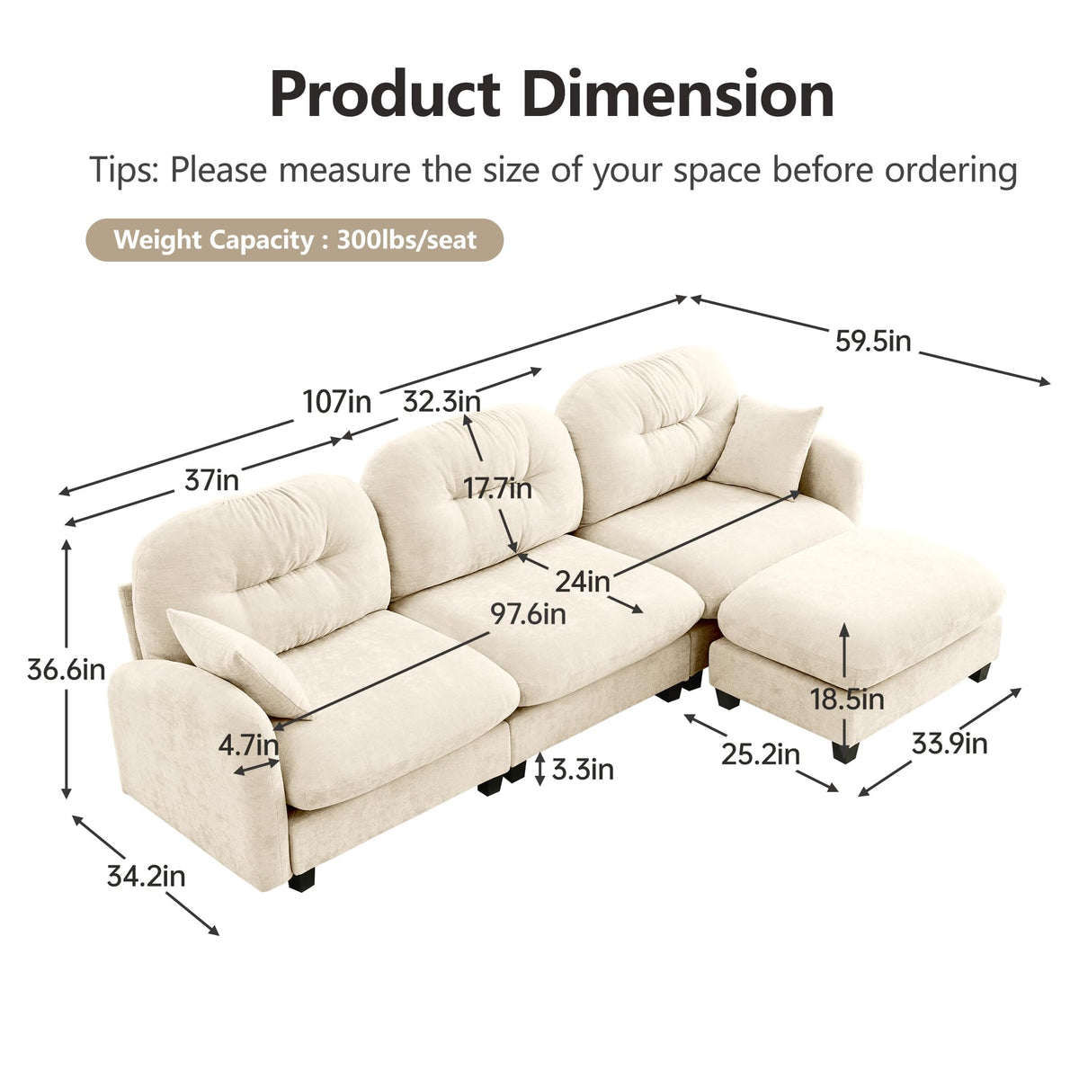 107-Inch L-Shaped Modular Convertible Sectional Sofa W/Removable Ottoman Chaise, Modern Chenille Upholstered Corner Cloud Couches 4 Seat Sectional Sofa for Living Room