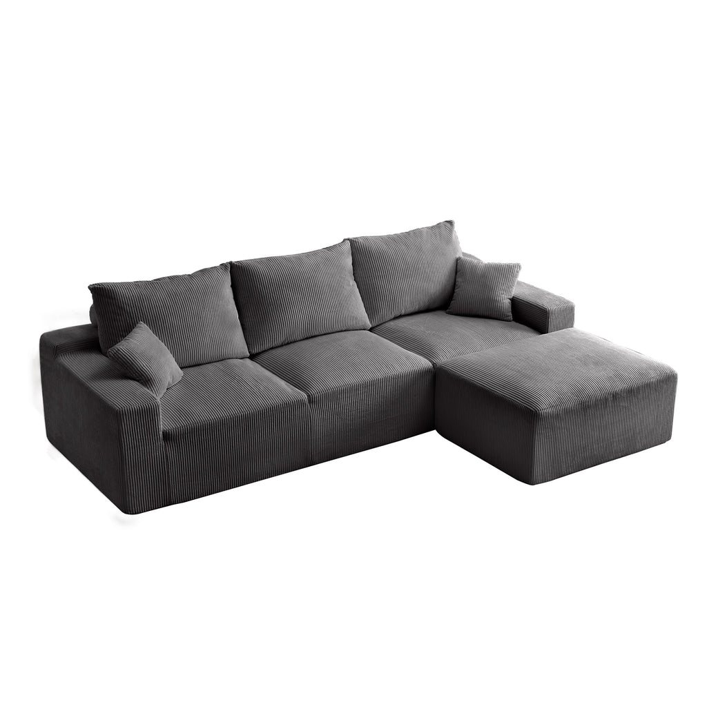 110" L Shaped Sectional Sofa, Full Compression 3 Seater Cloud Couch with Chaise, No Assembly Required Sofa for Living Room, Ultra Soft Deep Seat Modular Sofa(Corduroy, Grey) EN161