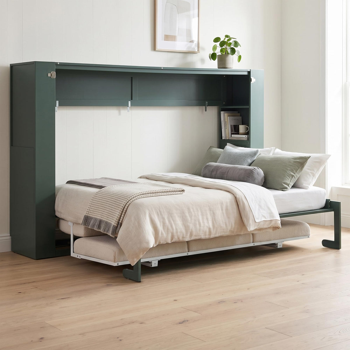 Wood Murphy Bed with Sofa, 4 Storage Shelves and USB Charging Station