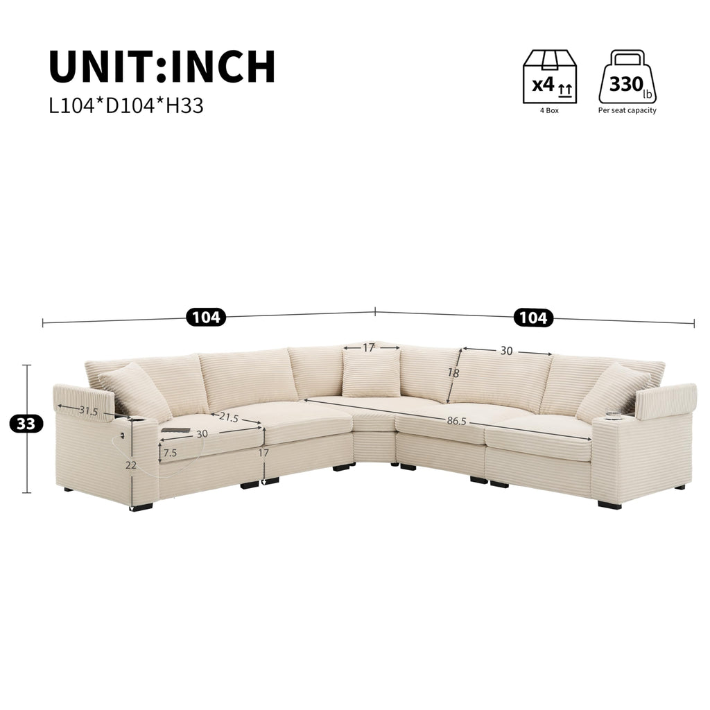 104" Convertible L-Shaped Sectional Sofa, Corduroy Corner Couch with Armrest Storage, Cup Holders, USB Charger, Irregular Corner, Oversized Comfy Modular Sofa for Living Room&Apartment，Beige