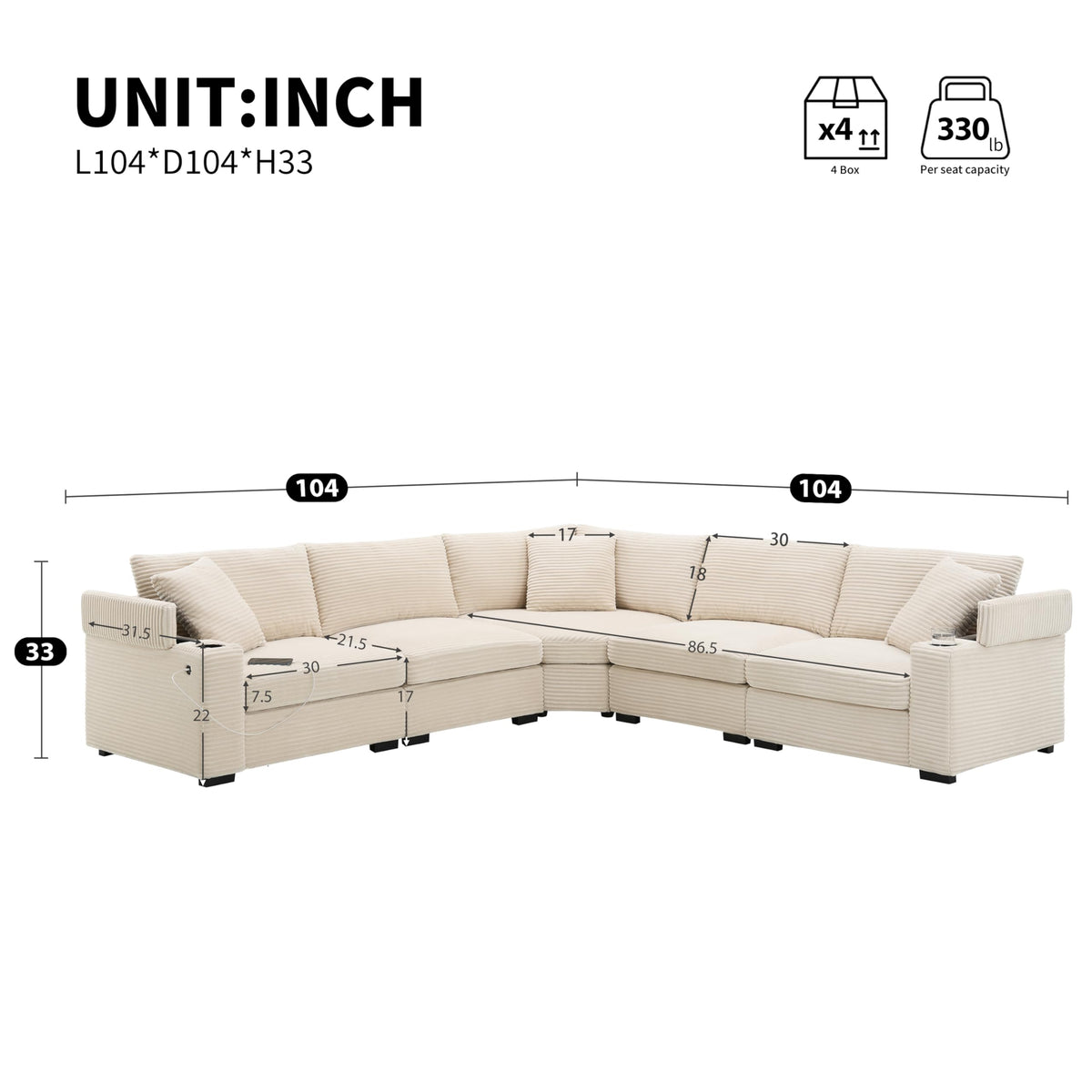 104" Convertible L-Shaped Sectional Sofa, Corduroy Corner Couch with Armrest Storage, Cup Holders, USB Charger, Irregular Corner, Oversized Comfy Modular Sofa for Living Room&Apartment，Beige