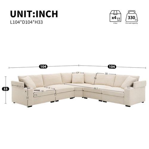 104" Convertible L-Shaped Sectional Sofa, Corduroy Corner Couch with Armrest Storage, Cup Holders, USB Charger, Irregular Corner, Oversized Comfy Modular Sofa for Living Room&Apartment，Beige
