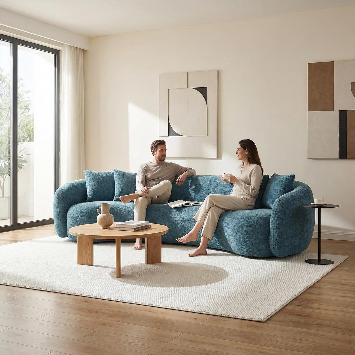 102'' Modern Minimalist Curved Lounge Sofa Oversized Teddy Velvet Fabric Upholstered 5-Seater Comfortable Half-Moon Sofa with 4 Cushions for Offices, Apartments and Living Rooms (Brown + Boucle)