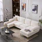 U-Shaped Sectional Sofa with Double Chaise, 113" Modern Modular 4-Seat Chenille Fabric Couch for Living Room, Comfortable Large Sofa with Gold-Plated Legs & Back Pillows, Creamy-White