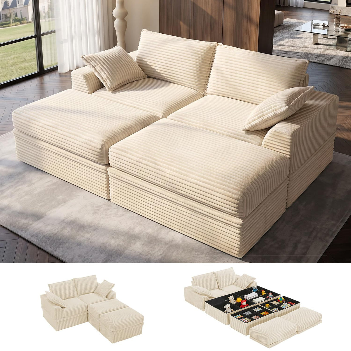 Upgraded Boneless Couch with Storage, 107" Modular Sectional Sofa Couches for Living Room, Extra Deep&High 3 Seater U-Shaped Boneless Sofa with Ottoman, Tool-Free Assembly, Black