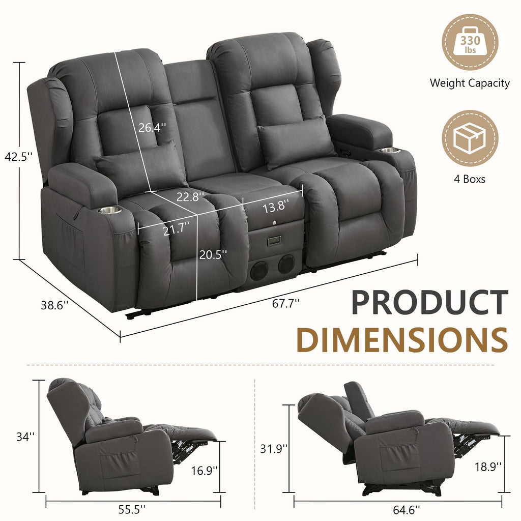 URRED Manual Loveseat Rocker Recliner Sofa with Console，Dark Gray