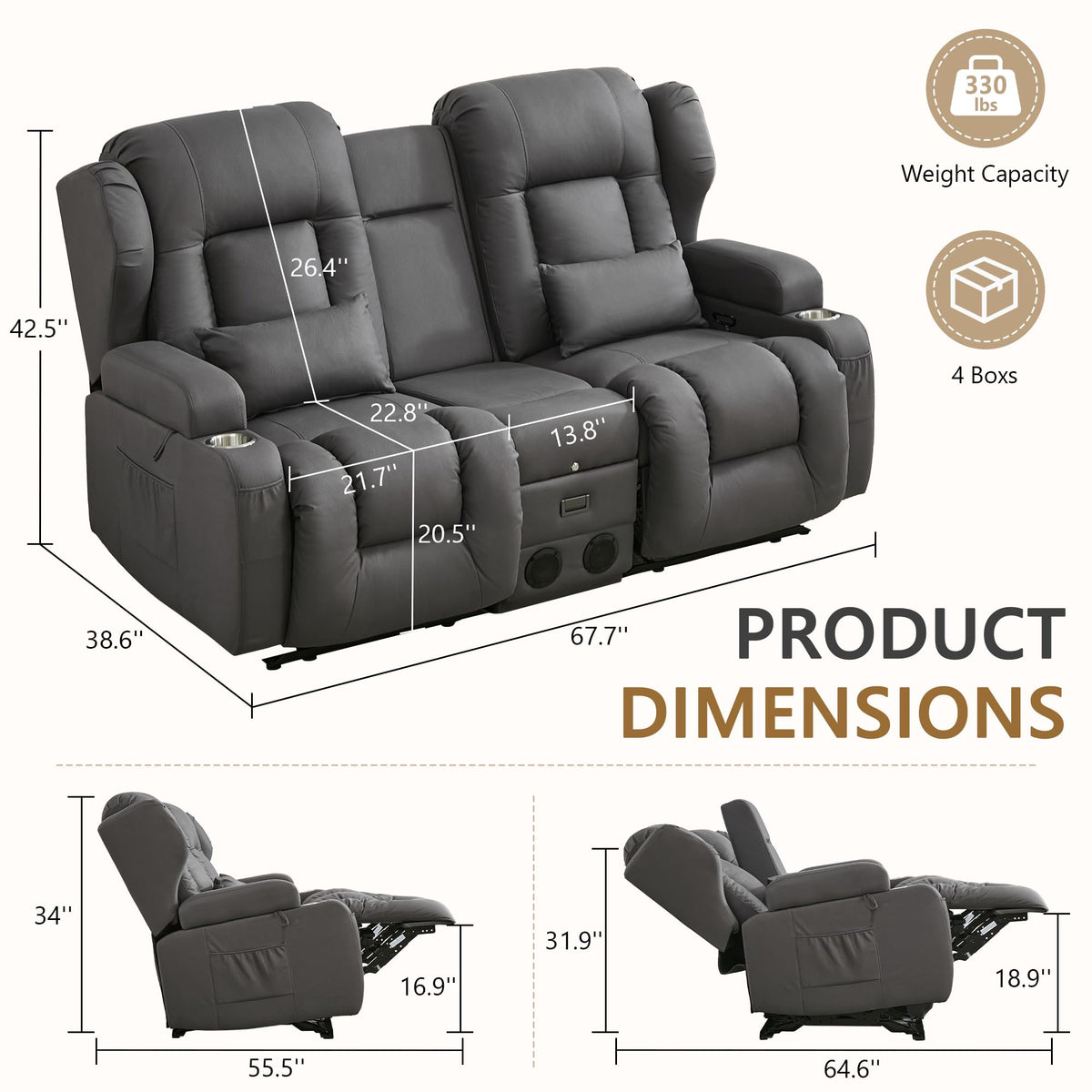 URRED Manual Loveseat Rocker Recliner Sofa with Console，Dark Gray