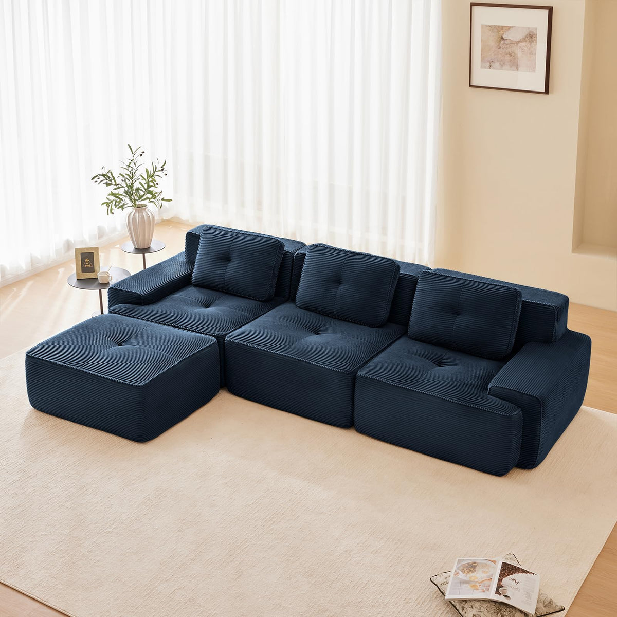 115" Modern Boneless Couches for Living Room, Corduroy Cloud Couch Sectional, Blue Modular Sectional Sofa, 3 Seater with 1 Ottoman, Sofas para Sala, L Shape Sofas & Couches (Blue, 3+1 Set)