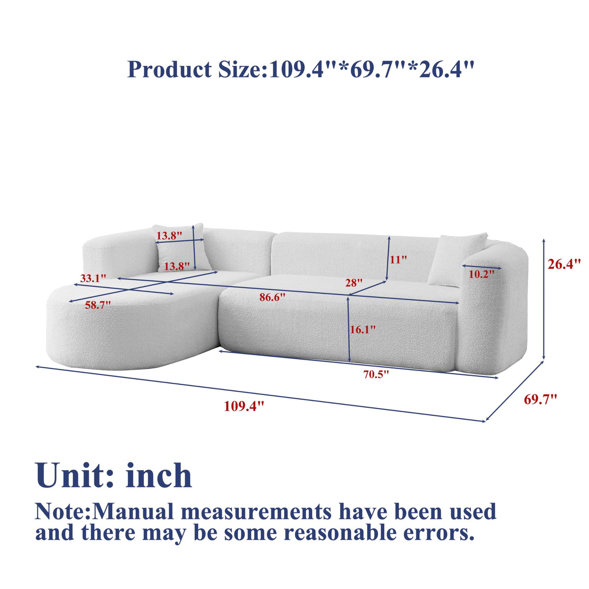 WILLIAMSPACE 109.4" Cloud Sectional Sofa Couch with Curved Chaise & Back, Modern Comfortable Foam Floor L-Shape Sofa 4 Seater Couch for Living Room Apartment, No Assembly (Left-Facing Chaise, Beige)