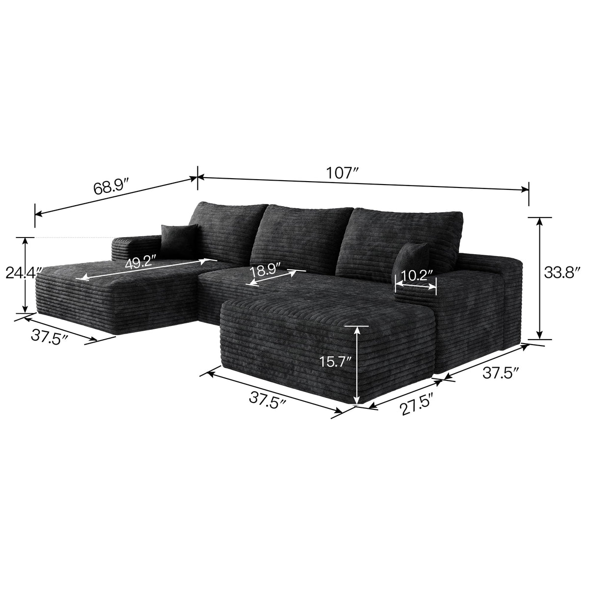 107" Oversized U Shaped Cloud Couch Sectional Sofa with Left Chaise Lounge and Ottoman, Plush Corduroy Upholstered Compressed Boneless Corner Sofa W/Deep Seat, No Assembly