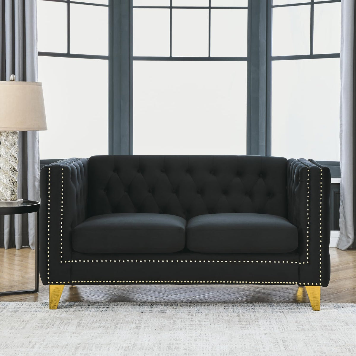 Velvet Sofa for Living Room Black Classic Chesterfield Room, Bedroom, Office Elegant Finish