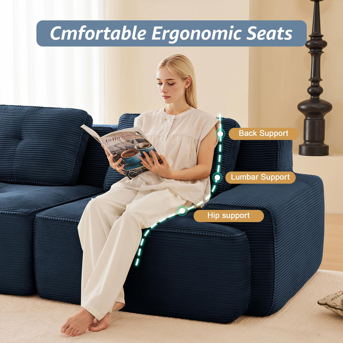 115" Modern Boneless Couches for Living Room, Corduroy Cloud Couch Sectional, Blue Modular Sectional Sofa, 3 Seater with 1 Ottoman, Sofas para Sala, L Shape Sofas & Couches (Blue, 3+1 Set)