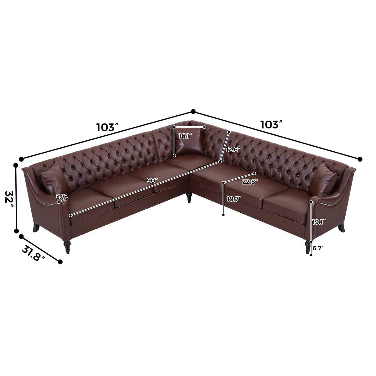 103" PU Leather Chesterfield L Shaped Sectional Sofa Couch, Dark Brown