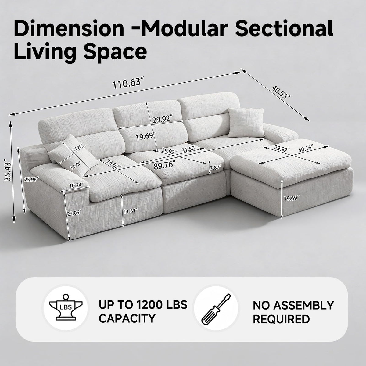 110" Sectional Boneless Sofa with Ottoman, L-Shaped Couch Bed No-Assembly Modular Sofa