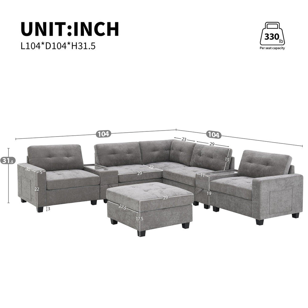 104'' Sectional Sofa with Acrylic Table Top,Chenille U Shaped Couch Set with 2 Consoles,USB Charger,Storage Drawers and Pockets,Movable Ottoman,Tufted Sofa for Living Room,Apartment, Gray