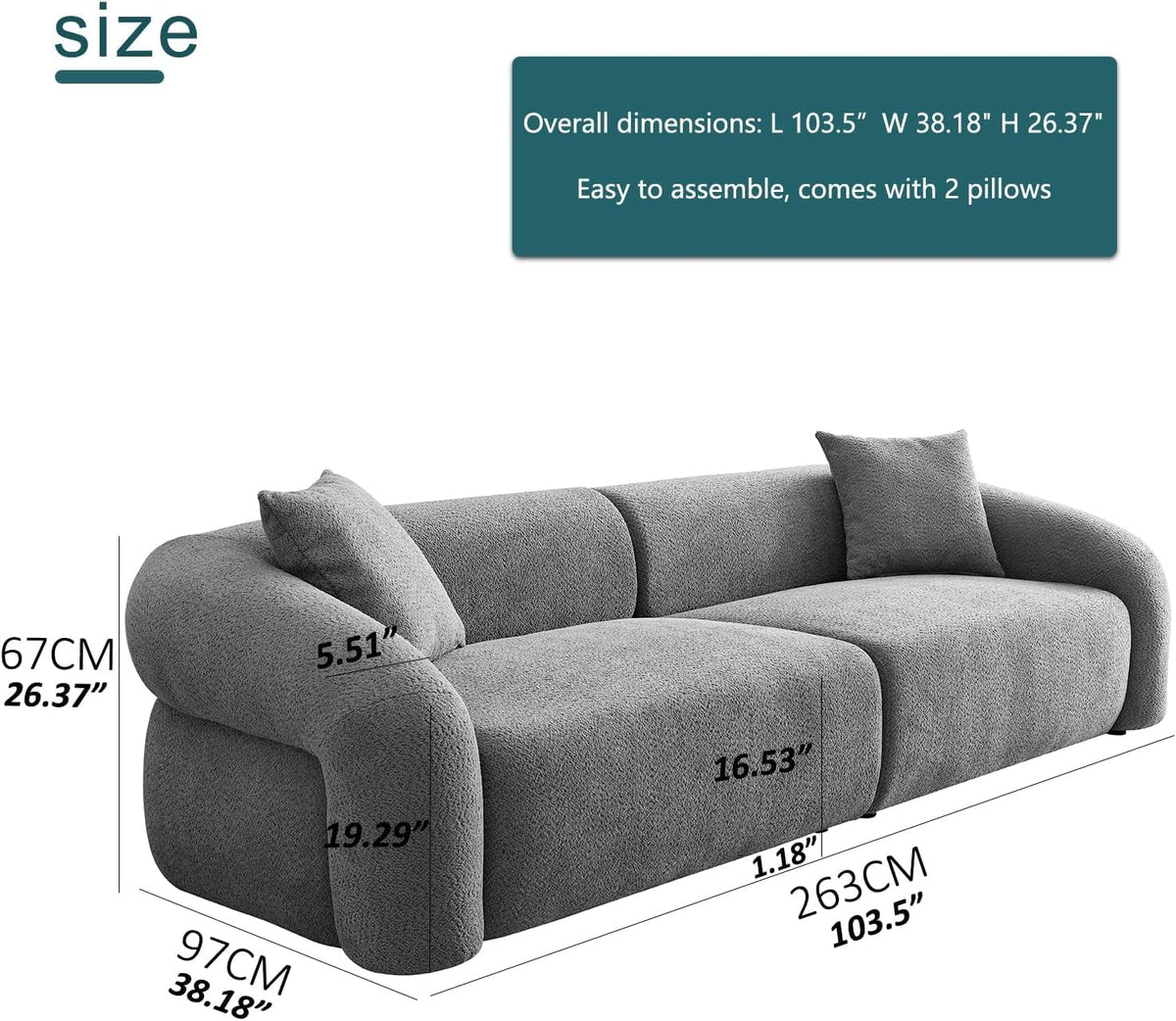 103" Luxury Curved Sofa, Modern Sectional Couches for Living Room, Brown