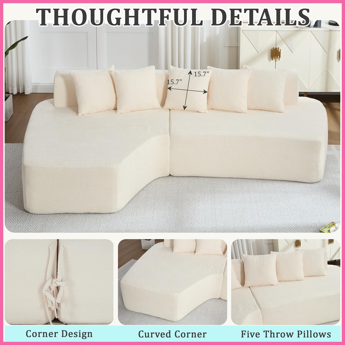 110.2" Minimalist Couches Sleeper with 5 Pillows and Comfy Chaise Irregular L-Shaped Compression Modular Sectional Sofa with Deep Seats for Living Room Apartment Lounge, Ivory
