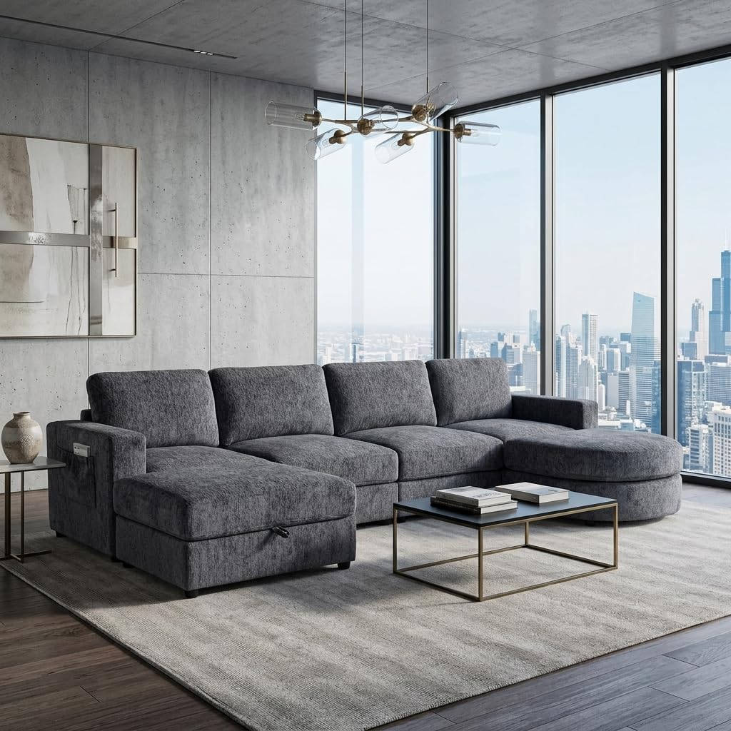 Tidyard U Shaped Sectional Sofa, Modular Chenille Couch with Storage Ottoman & Cup Holders, 102.4" Solid Pine Wood Frame for Living Room Apartment