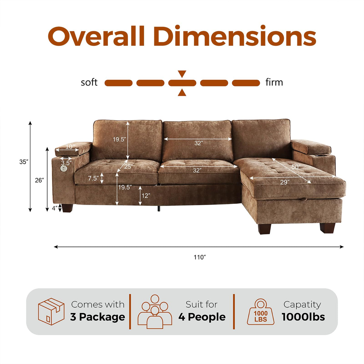 110" L Shaped Modern Couch with Storage with Adjustable Armrest Cup Holders USB & Type-C Ports Couch for Living Room and Small Spaces,Brown