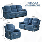 Bonded Leather Living Room Furniture Set Reclining Sofa Set Loveseat Furniture Sets in Living Room Sofa Recliners (3 Pieces, Blue Microfiber)