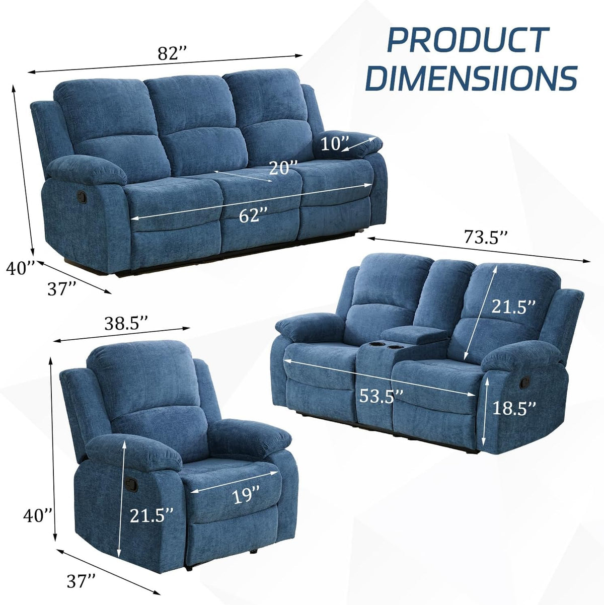 Bonded Leather Living Room Furniture Set Reclining Sofa Set Loveseat Furniture Sets in Living Room Sofa Recliners (3 Pieces, Blue Microfiber)