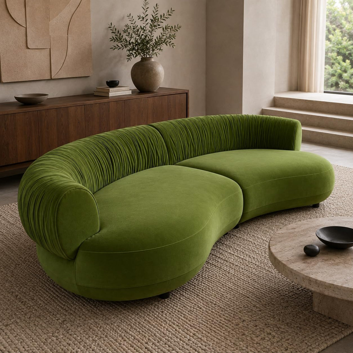 102" Curved Sectional Sofa, Green Velvet 4-Seater Couch, Living Room