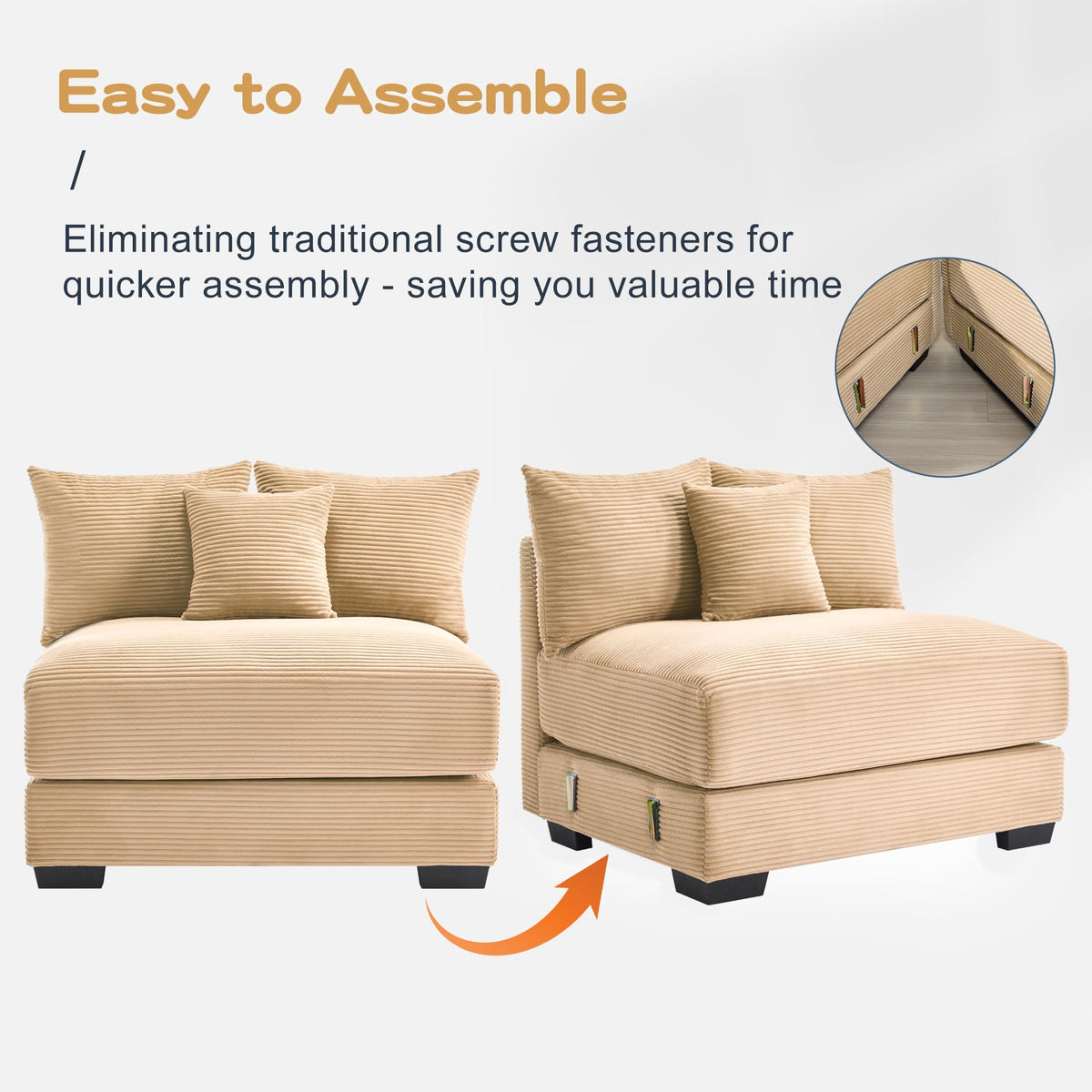 130" Oversized Cloud Modular Sectional Couch,Corduroy 3 Seater Sofa Extra Thick Armrests Good Resilience Cushion Ergonomic Design,Easy Assembly Suitable for Living Rooms Studies,Camel WM213
