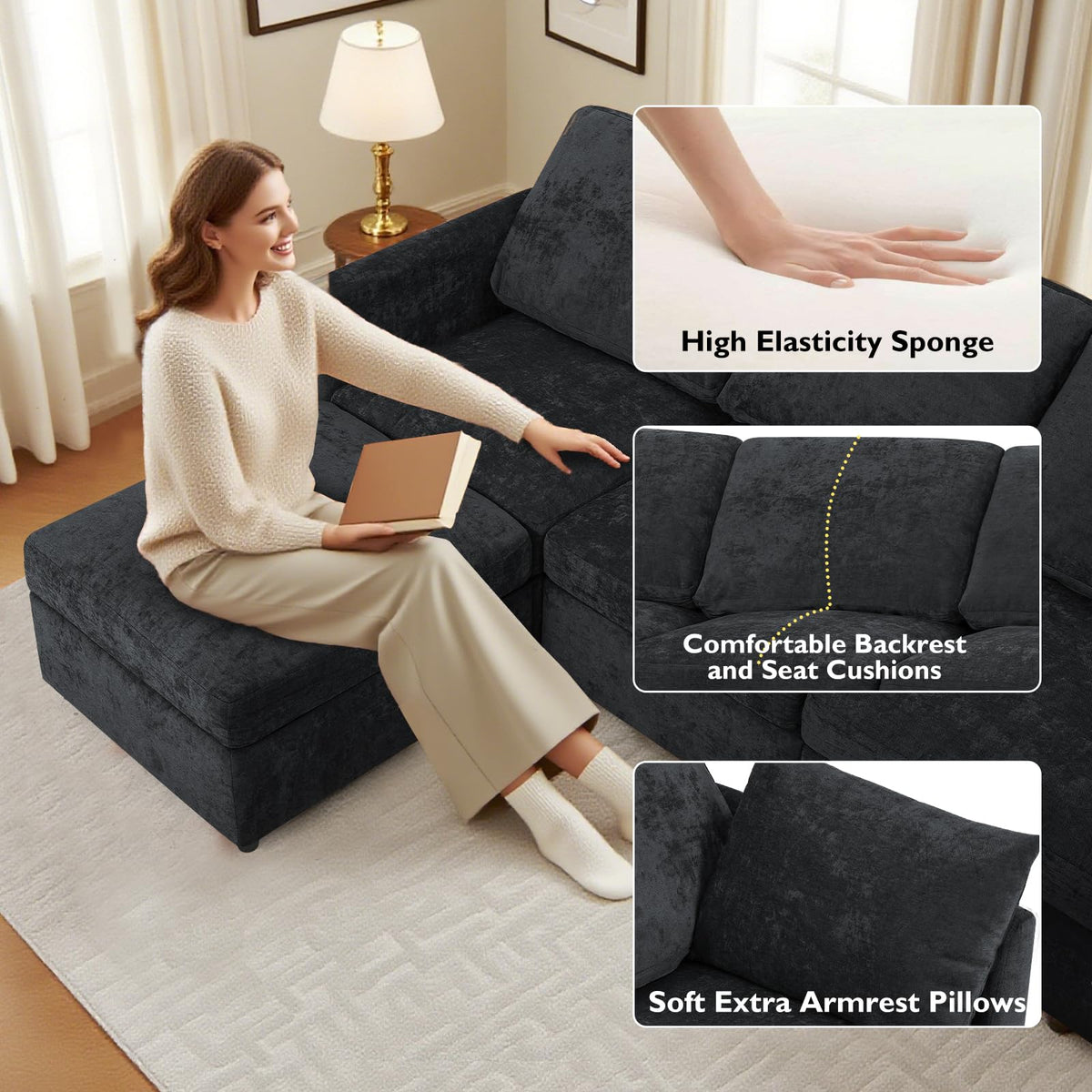 110" Chenille 4 Seats Couch with 2 Ottomans, Black