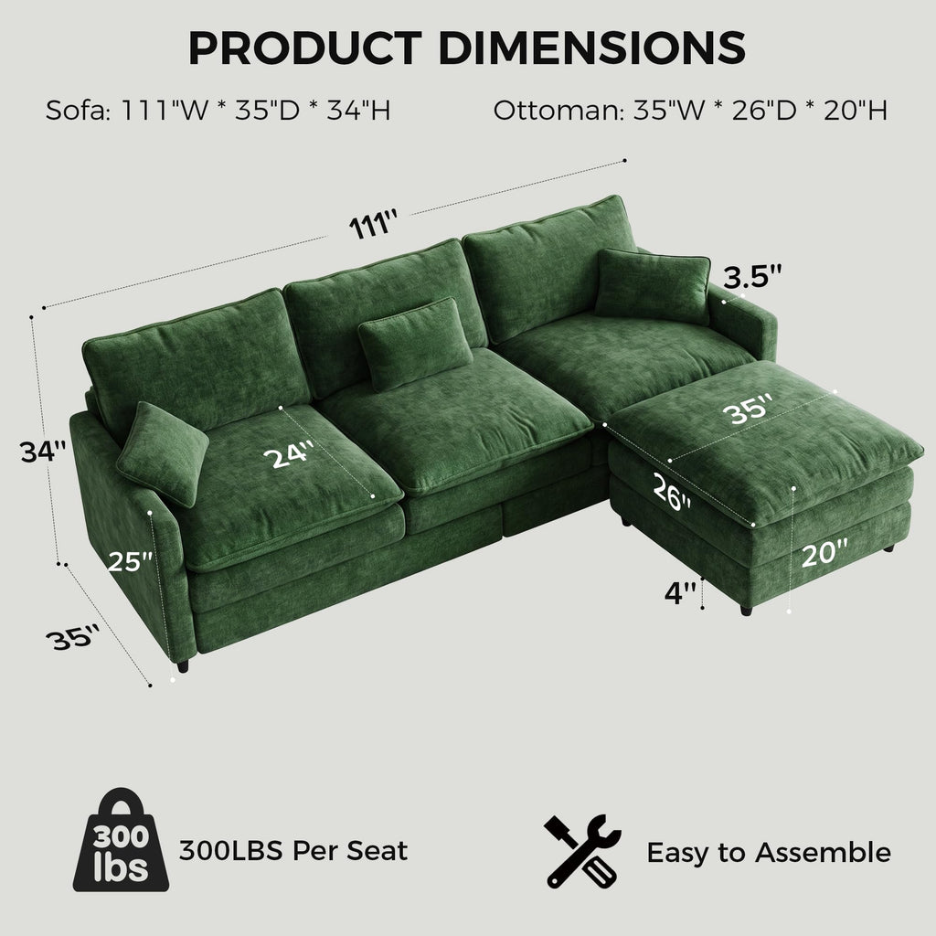 111" Modular Sectional Sofa, Deep Seat Cloud Couch Sectional with Ottoman