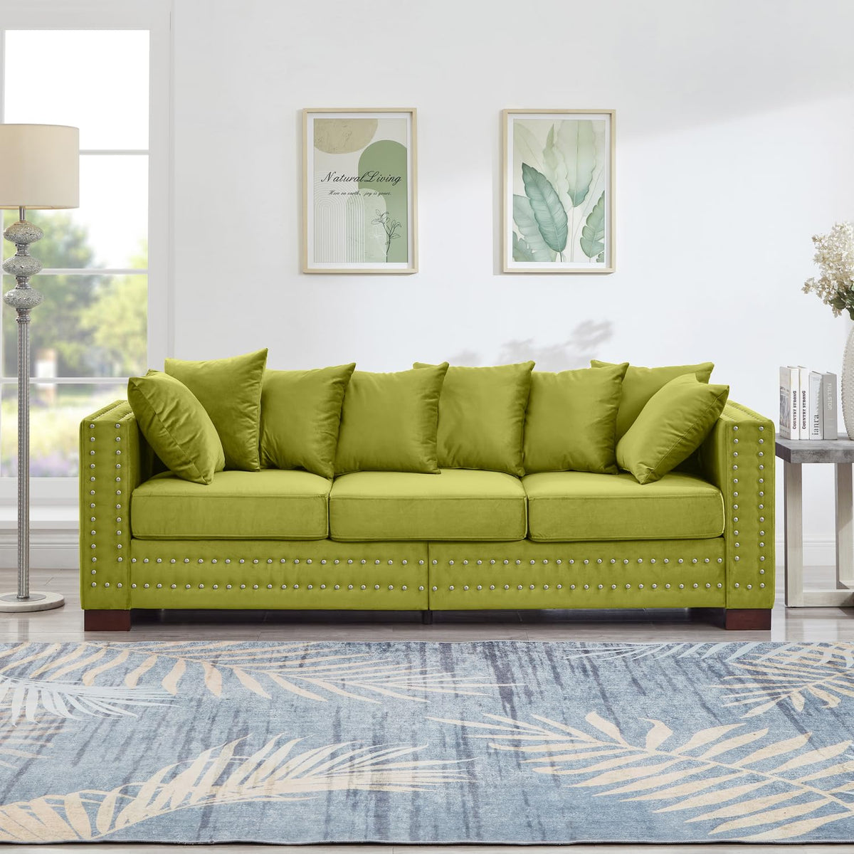 Velvet Upholstered Living Room Sofa with Square Armrest and Storage Green