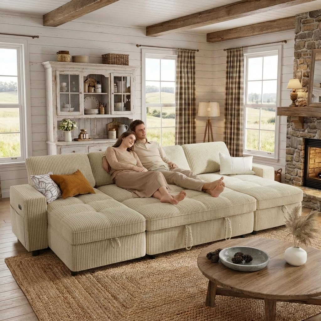 WEUP 105" Sectional Sofa with Pull Out Bed, U Shaped 4 Seat Sleeper Sofa with 2 Storages, Adjustable Backrest, USB Ports, Tool-Free Assembly, Plush Corduroy Sectional Couches for Living Room, Beige