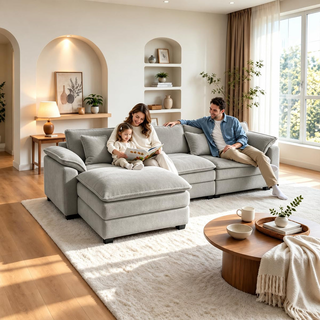 119" Cloud Couch Sectional, L Shaped Modular Sectional Sofa for Living Room, 3 Seater Sofa with 3 Removable Washable Pillows and 1 Ottoman, Light Gray