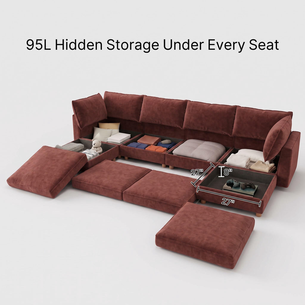 128'' Modular Sectional Sofa with Storage & Washable Covers, Convertible U/L Shaped Couch with Ottoman, 8-Seat Chenille Sectional Sleeper Sofa, Modular Sectional Sofas for Living Room,Orange
