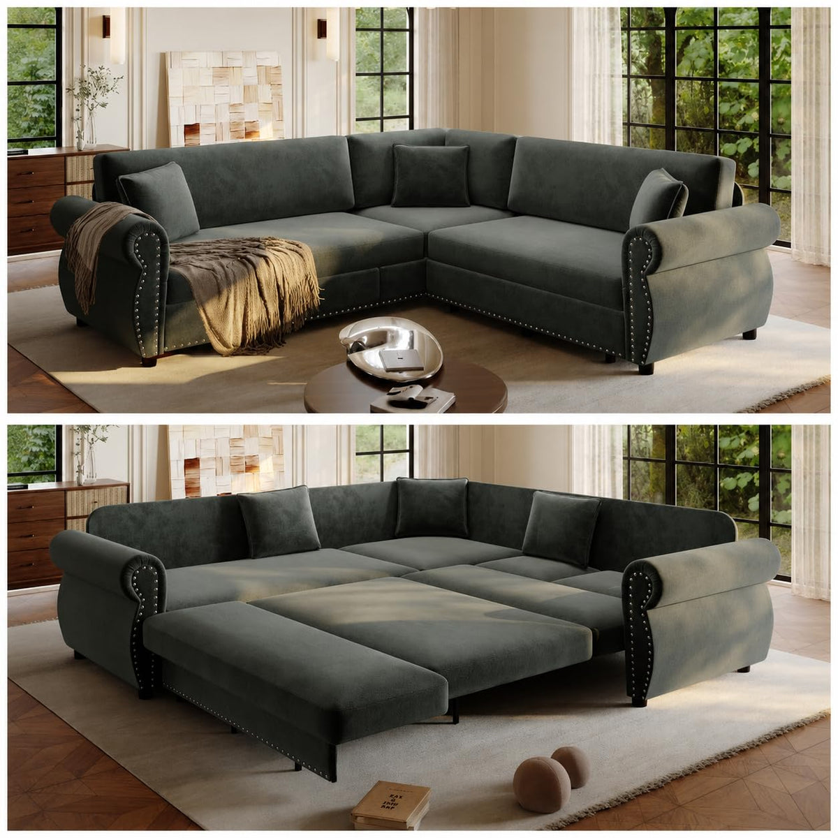118" Sectional Sleeper Sofa with Pull Out Bed Chenille 6 Seater Couch