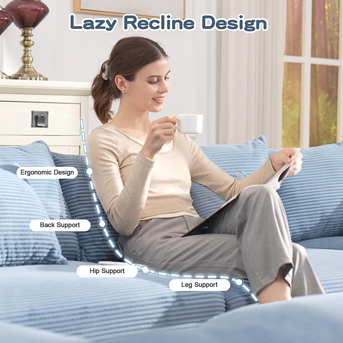 130" Oversized Cloud Modular Sectional Couch, Corduroy Fabric,3 Seater Deep Seat Wide Armrests, with an Ottoman,Ergonomic Design, Easy Assembly for Lounges Living Room,Blue BP131