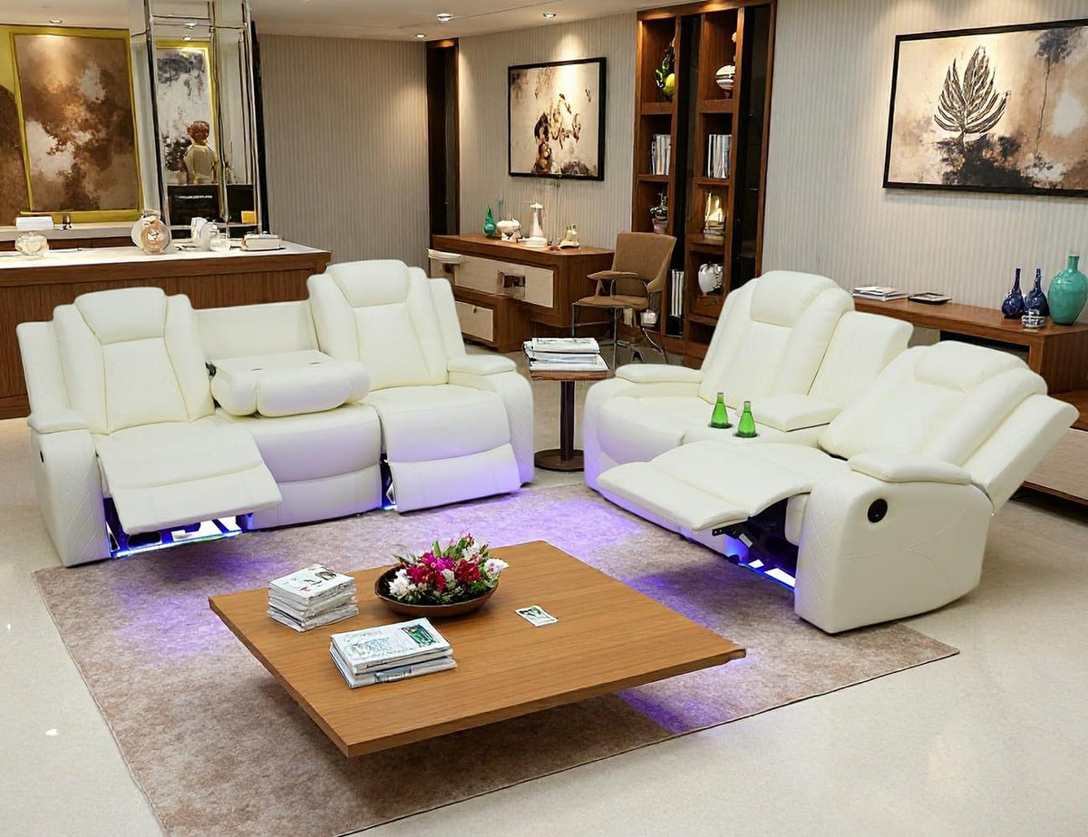 Power Recliner Sofa Set with LED Light, Black Leather Sectional Sofa and Chair Set, Living Room Furniture Sets, Modern Power Reclining Sets with Storage Console for House