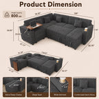 100" U Shaped Modular Sectional Couch with USB Ports, Cup Holders & Folding Table, Corduroy Fabric Sofa with Storage Seat, Comfortable Living Room Couch (Dark Gray)