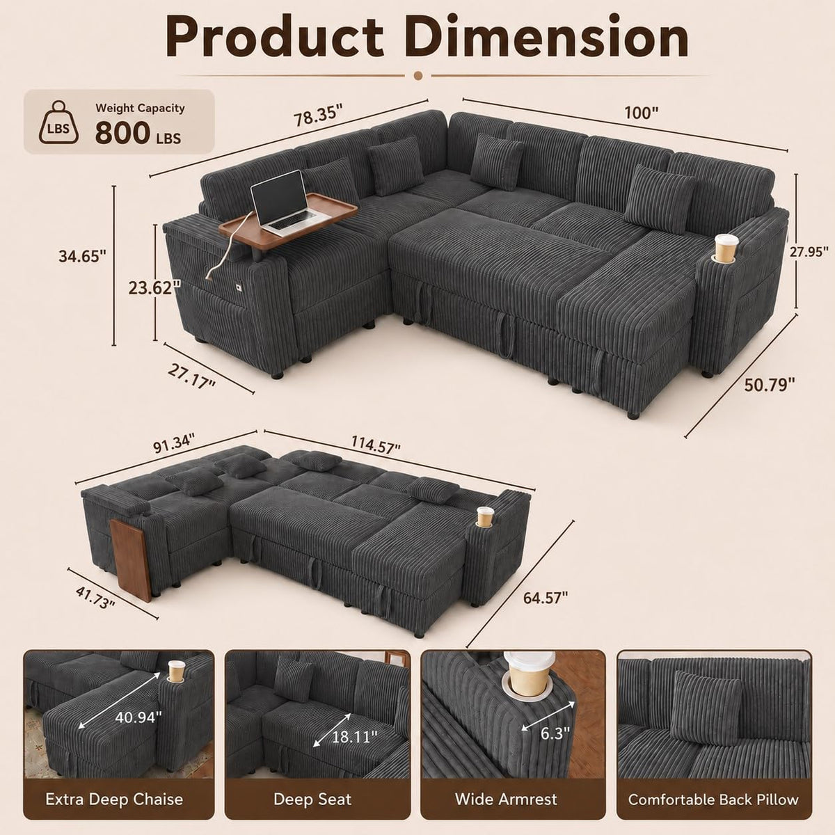 100" U Shaped Modular Sectional Couch with USB Ports, Cup Holders & Folding Table, Corduroy Fabric Sofa with Storage Seat, Comfortable Living Room Couch (Dark Gray)