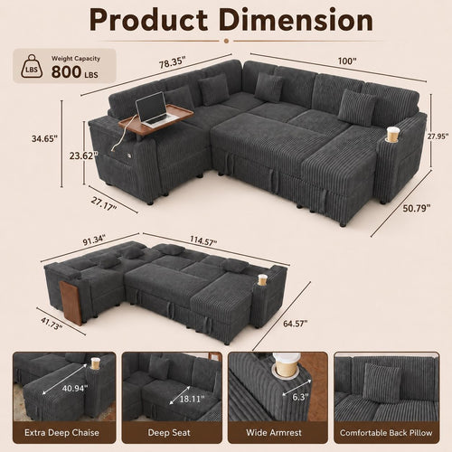 100" U Shaped Modular Sectional Couch with USB Ports, Cup Holders & Folding Table, Corduroy Fabric Sofa with Storage Seat, Comfortable Living Room Couch (Dark Gray)
