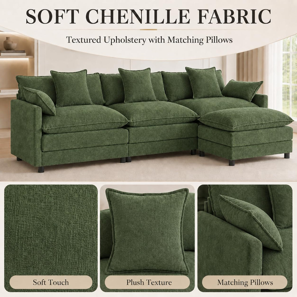 108" Modular Sectional Sofa with Ottoman, Chenille, Green