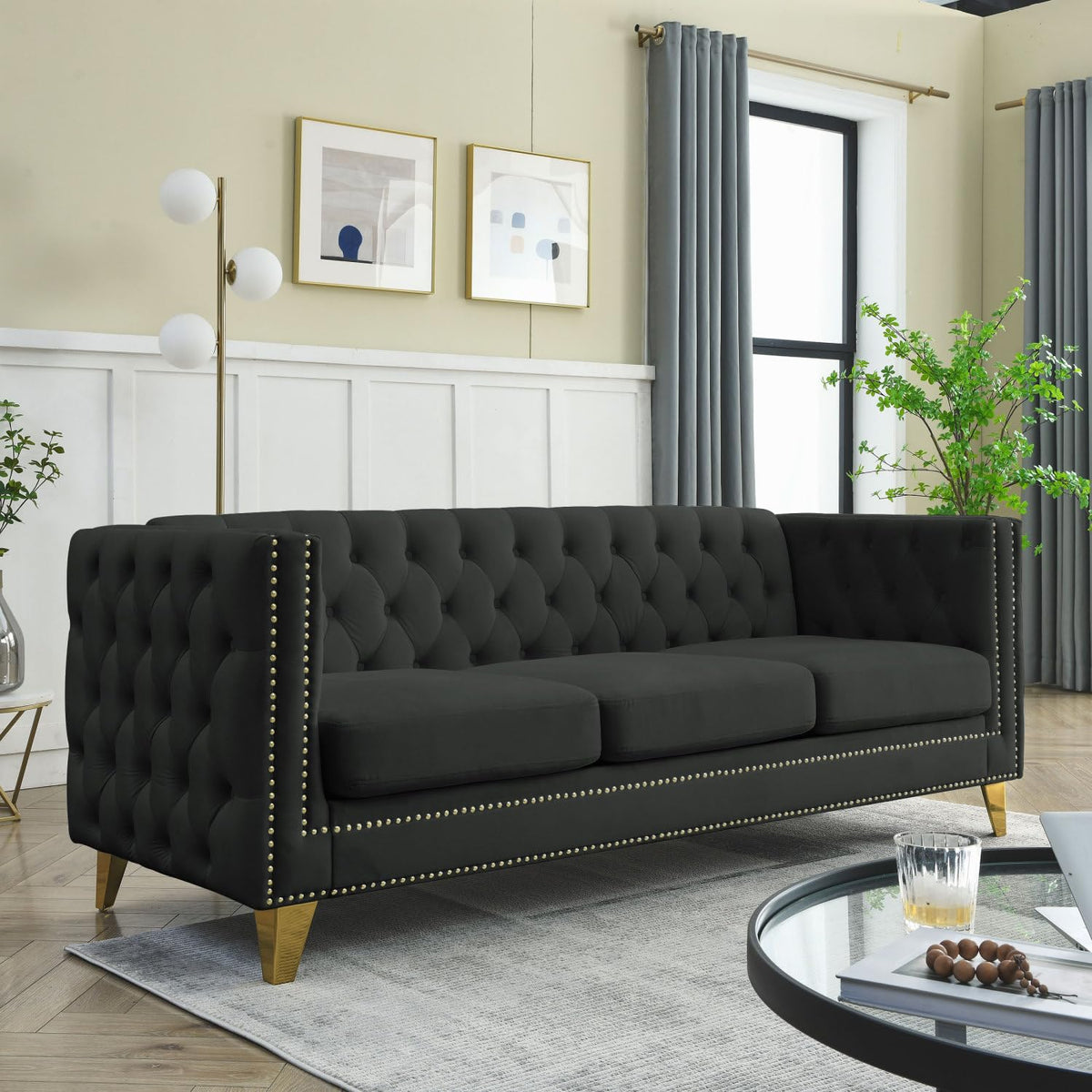 Velvet Sofa for Living Room Black Classic Chesterfield Room, Bedroom, Office Elegant