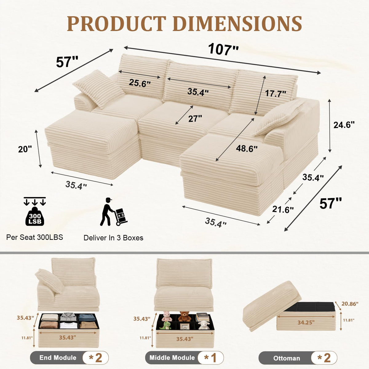Upgrade Boneless Couch with Storage, Extra Deep&High Seat Modular Sectional Sofa 3 Seater U Shaped Cloud Couch with Ottoman, Tool-Free Assembly Sectional Couches for Living Room