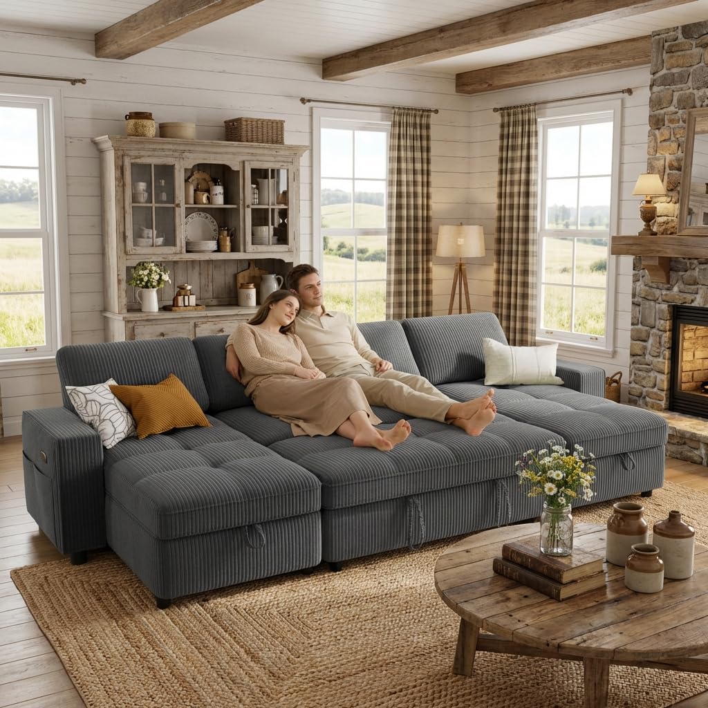 WEUP 105" Sectional Sofa with Pull Out Bed, U Shaped 4 Seat Sleeper Sofa with 2 Storages, Adjustable Backrest, USB Ports, Tool-Free Assembly, Plush Corduroy Sectional Couches for Living Room, Beige